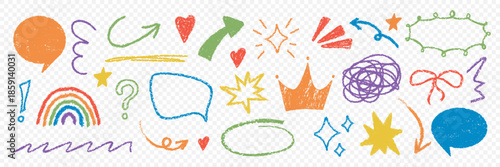 Playful sketch icon collection. Colorful doodle sketch element set isolated on transparent background. Child drawings. Pencil crayon chalk texture. Arrow bow crown star shine rainbow heart shapes
