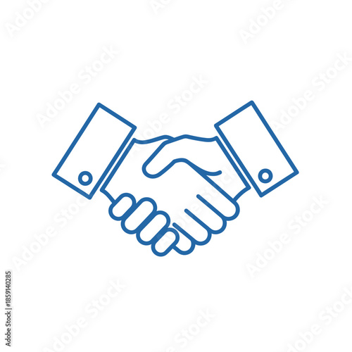 Business handshake icon, partnership and agreement concept, blue outline on white background.
