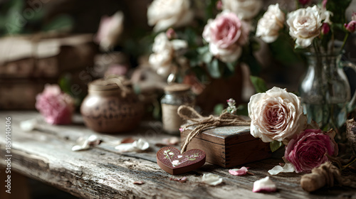 Romantic Still Life with Roses and Gift