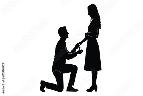 A silhouette depicts a romantic proposal scene with a man kneeling and offering a ring to a woman