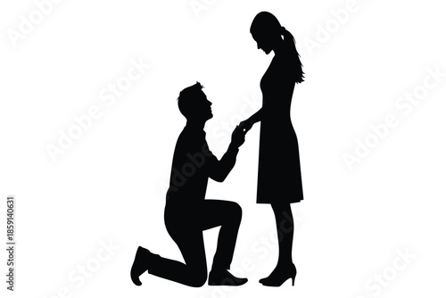 A romantic silhouette depicts a man on one knee proposing to a woman symbolizing love and commitment high quality