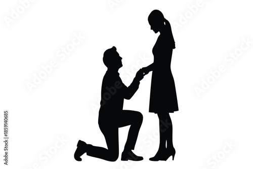 A romantic silhouette depicts a man kneeling to propose to a woman showcasing love and commitment high quality professional