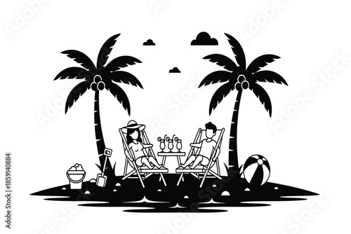 A peaceful tropical island scene depicts two people relaxing on beach chairs under swaying palm trees enjoying a serene vacation