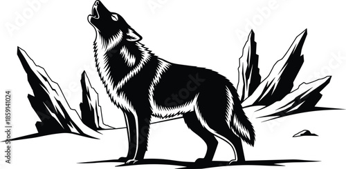 Black and White Silhouette Vector of a Howling Wolf in Rocky Landscape, Wild Nature, Wilderness, Majestic, Fierce, Vector Illustration Graphic.