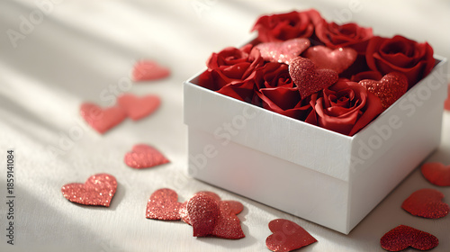 Red Roses and Hearts in White Box