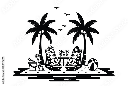 a serene tropical island scene depicts two palm trees beach chairs and a relaxing atmosphere with birds flying above