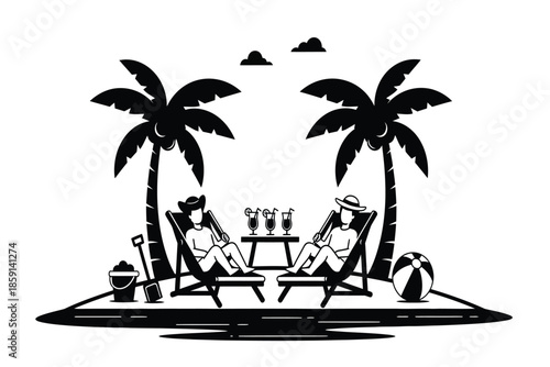 a serene island scene depicts two relaxed figures lounging in chairs between palm trees enjoying a peaceful moment