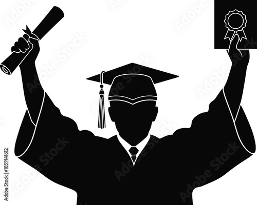 Graduate Silhouette Celebrating Achievement Holding Diploma Scroll and Certificate, Education Success, Completion, Academic Event, Commencement, Black and White Vector Illustration, Student.