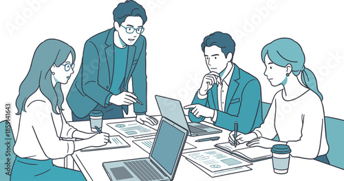 会議真剣真剣に議論するビジネスチームの会議イラスト　企画・検討・問題解決（AI制作）