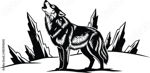 Howling Wolf Silhouette Against Jagged Ice Peaks, Majestic Black and White Vector Art Illustration, Wild Canine, Arctic Landscape, Stock Graphic, Power, Freedom, Loneliness.