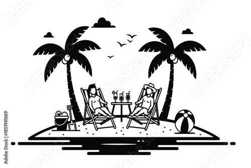 A peaceful black and white illustration shows two people relaxing on a tropical island with palm trees drinks and beach accessories