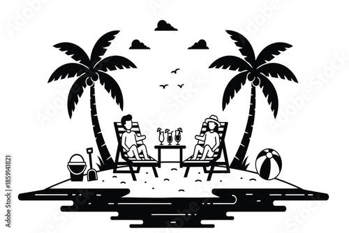 A serene tropical island scene depicts two people relaxing in beach chairs enjoying the sunshine and calm waters