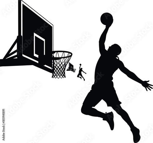 Silhouette of a Basketball Player Slam Dunking, Reaching for the Hoop, Sport, Competition, Victory, Dynamic Action, Black and White Vector Illustration