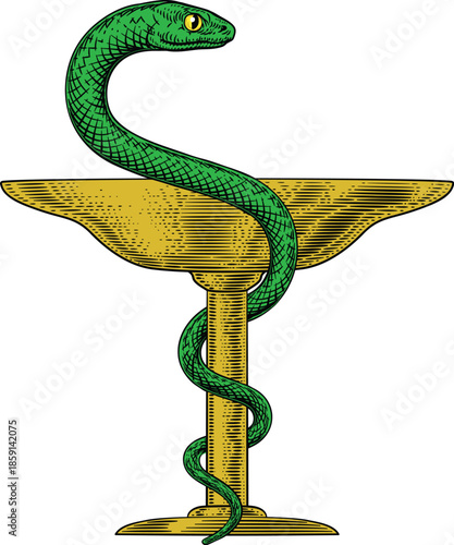 Bowl of Hygeia medical symbol, sign or icon for Pharmacy or a Pharmacist. A cup with a snake wrapped or intertwined around it.