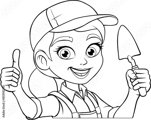 A woman female bricklayer holding a mortar trowel tool builder construction cartoon character mascot.
