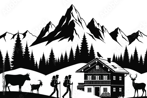a striking black and white illustration depicts a scenic mountain landscape with hikers a cozy chalet and wildlife