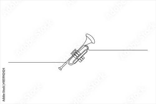 Minimalist continuous one-line drawing of a vintage trumpet with musical notes. Elegant black outline vector for jazz and classical music designs.