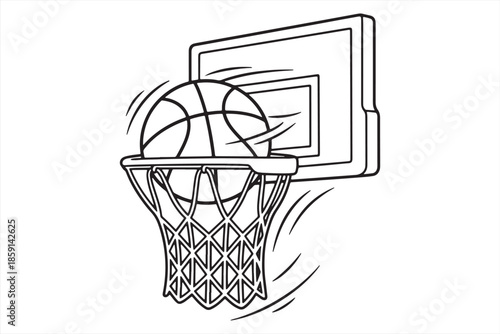 Basketball Ball Falling Through Hoop Net Into Backboard Line Art Drawing
