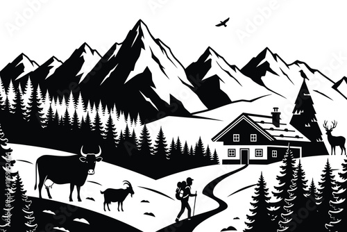 a picturesque black and white illustration depicts a cozy cabin nestled among snow capped mountains and wildlife high quality