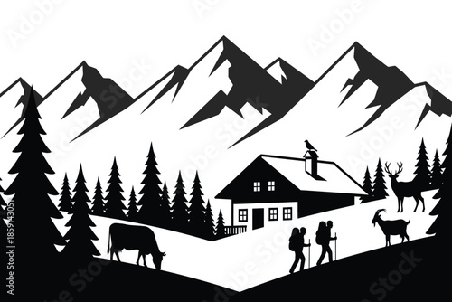 a striking black and white illustration depicts a serene mountain landscape with a cozy chalet and wildlife high quality
