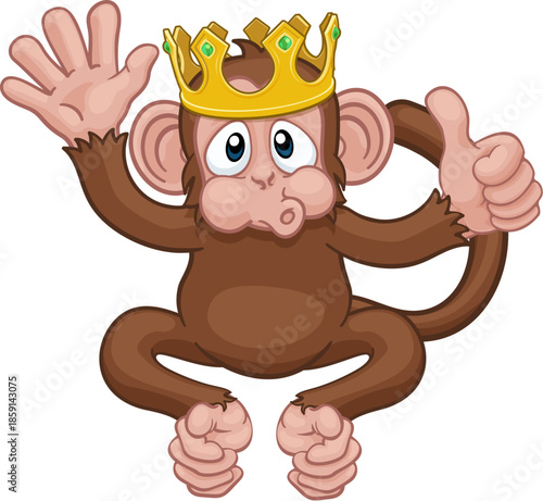 A monkey king cute happy cartoon character animal wearing a crown waving and giving a thumbs up