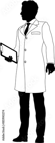 Silhouette person scientist, engineer or professor man in a lab coat. Holding clipboard checklist. Possibly performing experiment or surveying. Alternatively a chemist, science teacher or pharmacist.