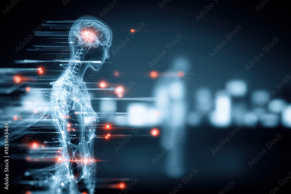 Obraz premium A digital ocean where ai innovation flows through technology animating an artificial intelligence brain woven from datum