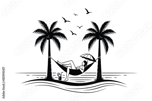 A peaceful black and white illustration depicts a person relaxing in a hammock between two palm trees by the sea