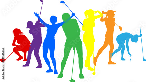 Silhouette golf player set. Active golfers golfing sports people healthy players fitness silhouettes concept.