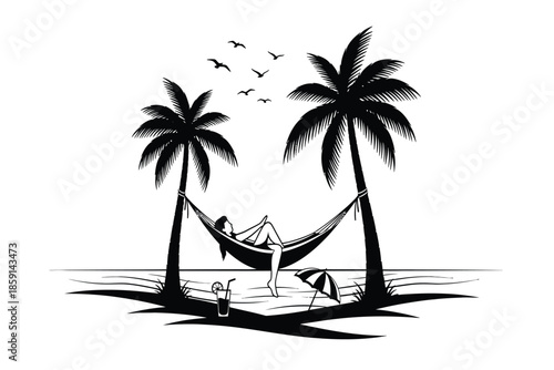 A serene black and white illustration depicts a tranquil beach scene with palm trees and a hammock inviting relaxation