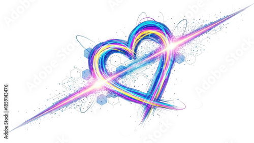 Vibrant heart with radiant beams isolated on transparent background