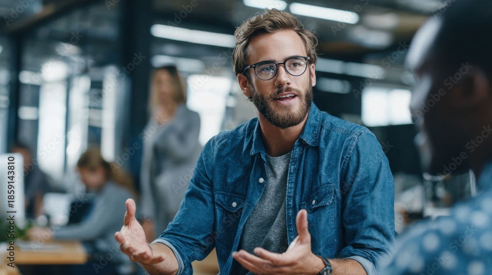 Obraz premium Engaging Conversation in Modern Office Setting with Diverse Individuals