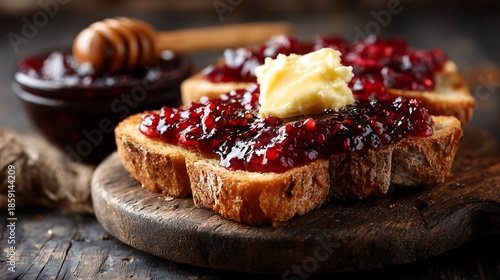 Close-up of toasted bread with jam and butter on a wooden serving board