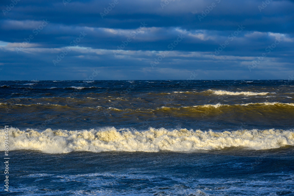 Fototapeta premium Stormy Baltic sea in Christmas time next to Liepaja, Latvia.