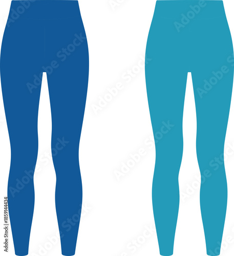 High waist leggings, dark and light blue color options, sleek silhouette, stylish women’s activewear, fitness fashion, vector illustration for sportswear