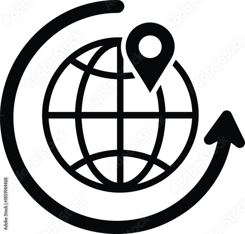 Globe with location pin and circular arrow, GPS navigation icon, global connectivity concept, cad drawing flat vector illustration, minimal UI symbol