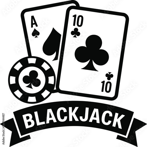 Blackjack winning hand illustration, ace and ten cards, casino chip, gambling concept, vector art for casino, poker, and card game themes