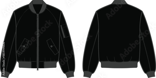 Black bomber jacket front and back view, technical fashion sketch, cad drawing flat vector illustration, garment design, apparel template