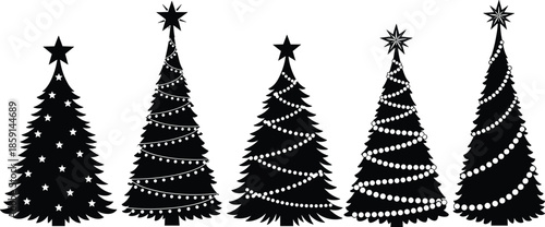 Collection of five isolated black Christmas tree silhouettes featuring varied star toppers and garland lights, festive vector illustration for holiday season designs, winter greetings