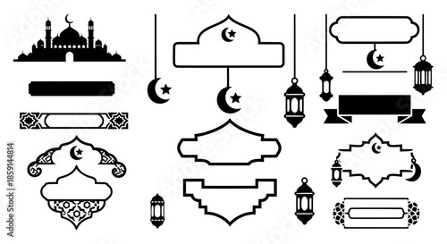 Vector collection of Islamic hanging lantern and mosque silhouette with frame for Ramadan Kareem or Eid Mubarak greeting card design ornament