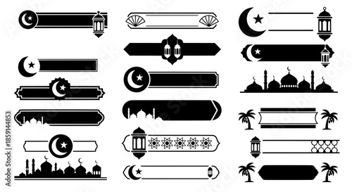 Set of Islamic vector banners and lower thirds with mosque lantern and crescent moon for Ramadan Kareem or Eid Mubarak greeting card text design