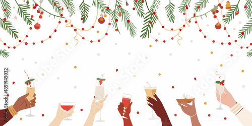 Festive celebration with multiple hands raising drinks under christmas decorations