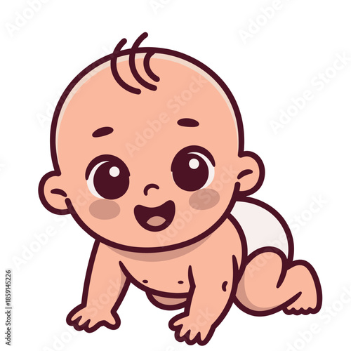 Cute Baby in a Diaper Crawling and Smiling Cheerfully