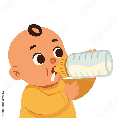 Cute Illustration of a Baby Happily Drinking Milk from a Feeding Bottle