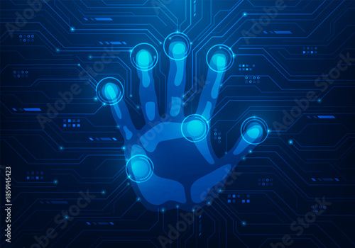 hand fingerprint cyber security verify identity technology background. scan biometric person access concept. vector illustration fantastic circuit line technology.