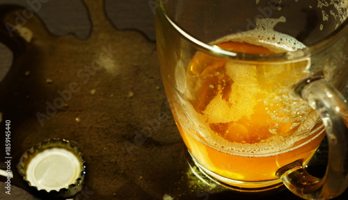 Light beer in a glass mug and poured on the table