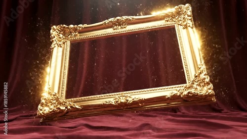 Golden ornate picture frame with lights on velvet backdrop