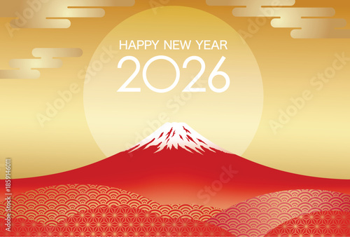 2026, The Year Of The Horse, Greeting Card Template With Snow-Covered Mt. Fuji Decorated With Japanese Vintage Patterns. Kanji Translation - The Horse.