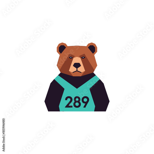 A determined bear wearing a teal vest with the number 289, focused and ready.