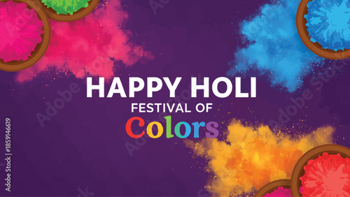 A vibrant "Happy Holi Festival of Colors" greeting with colorful powder splashes on a purple background.